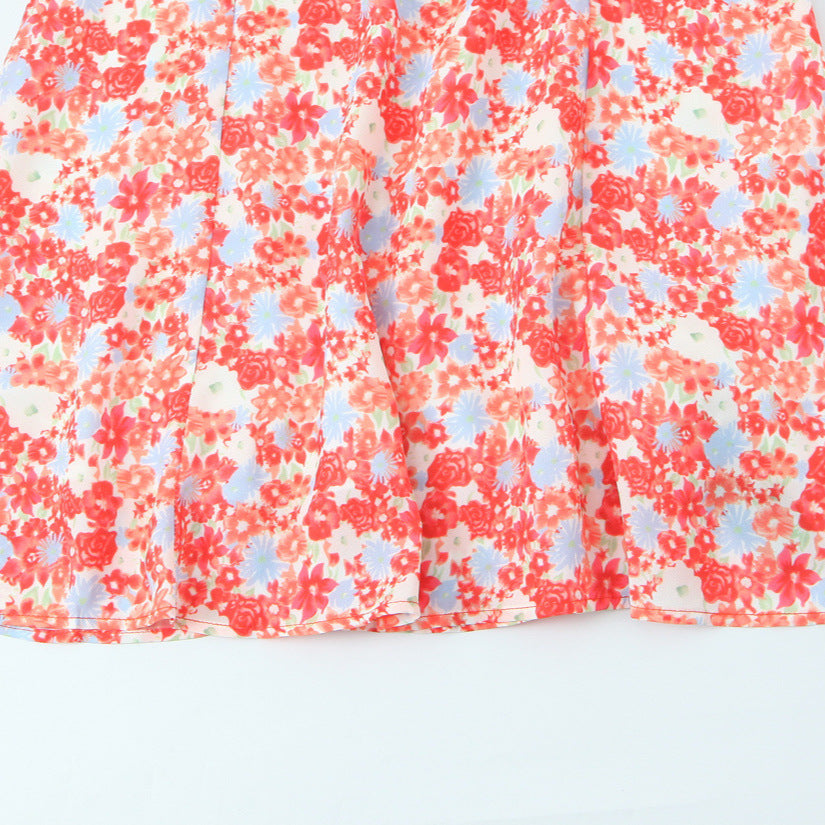 Red Ditsy Floral Puff Sleeve Mini Dress