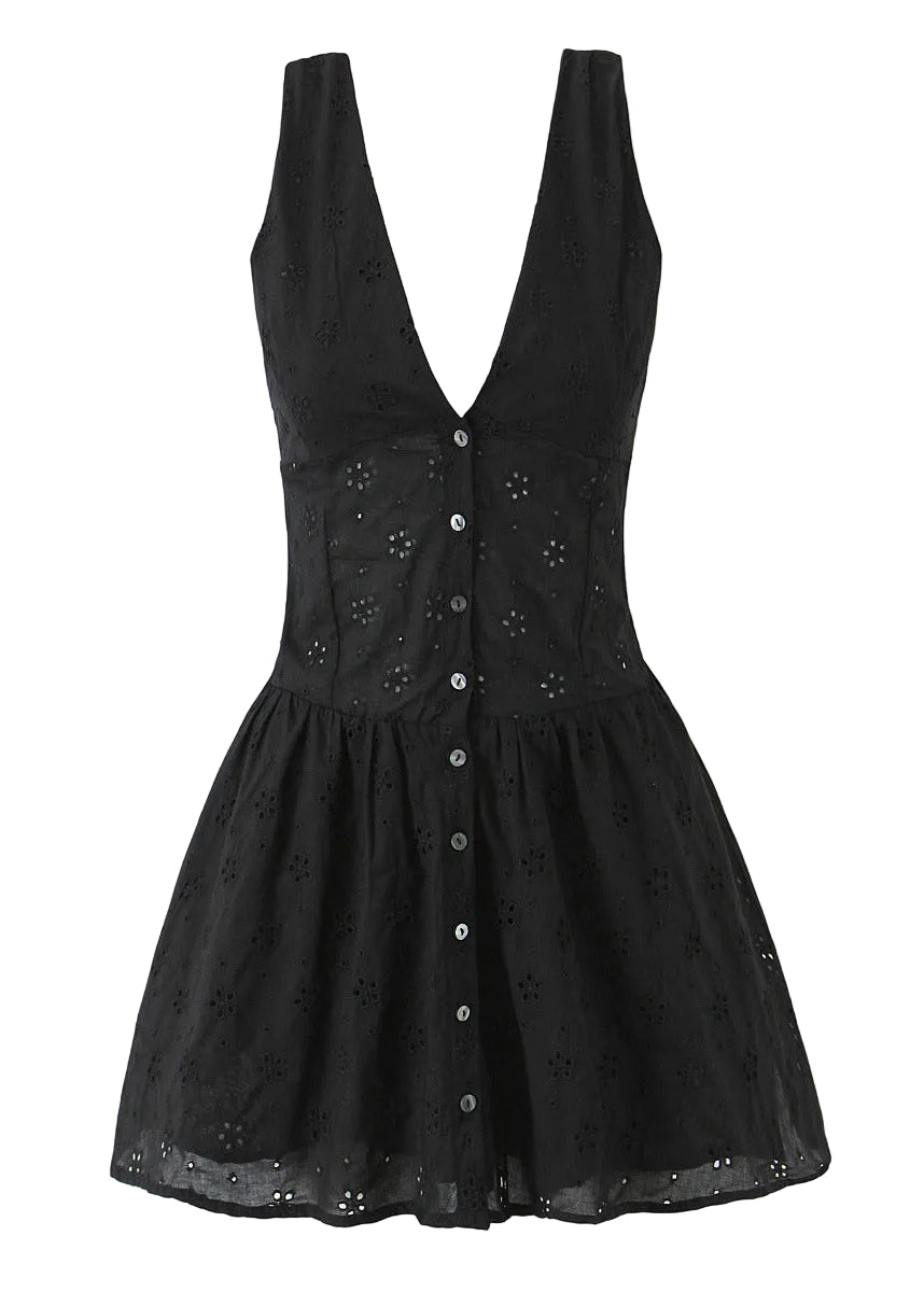 Black Broderie Anglaise Plunge Mini Dress