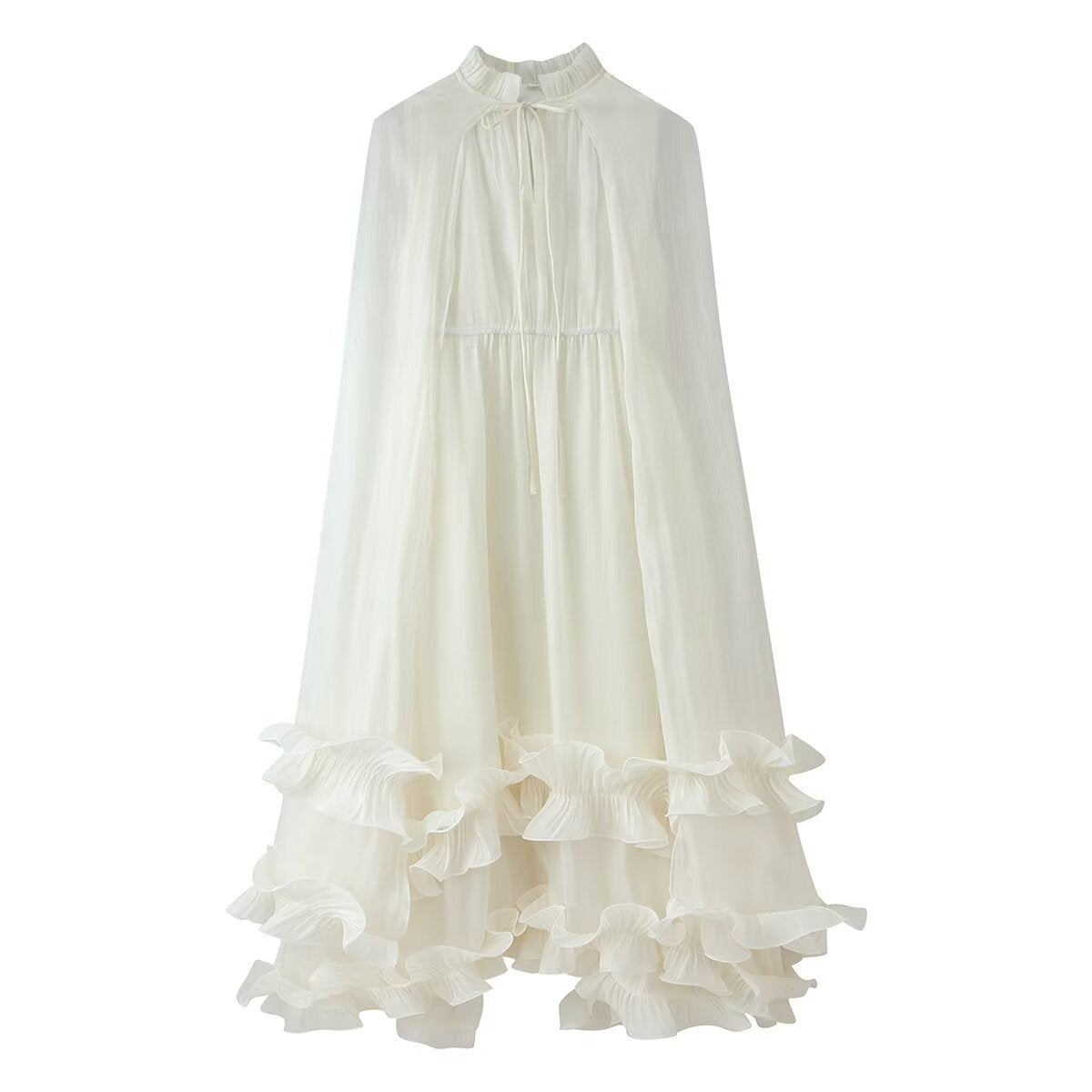Cream Ruffle Tiered Cape Dress