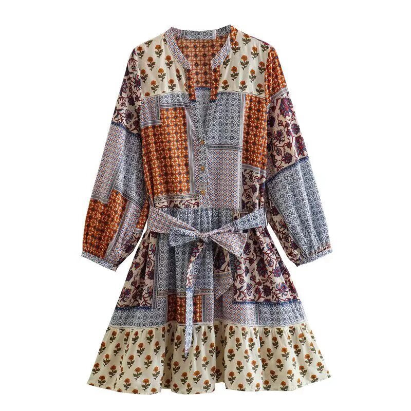 Boho Tie-Waist  Patchwork Floral Mini Dress
