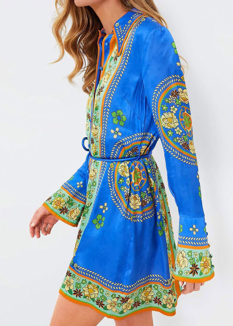 Vibrant Boho Printed Belted Shirt Dress with Flared Sleeves