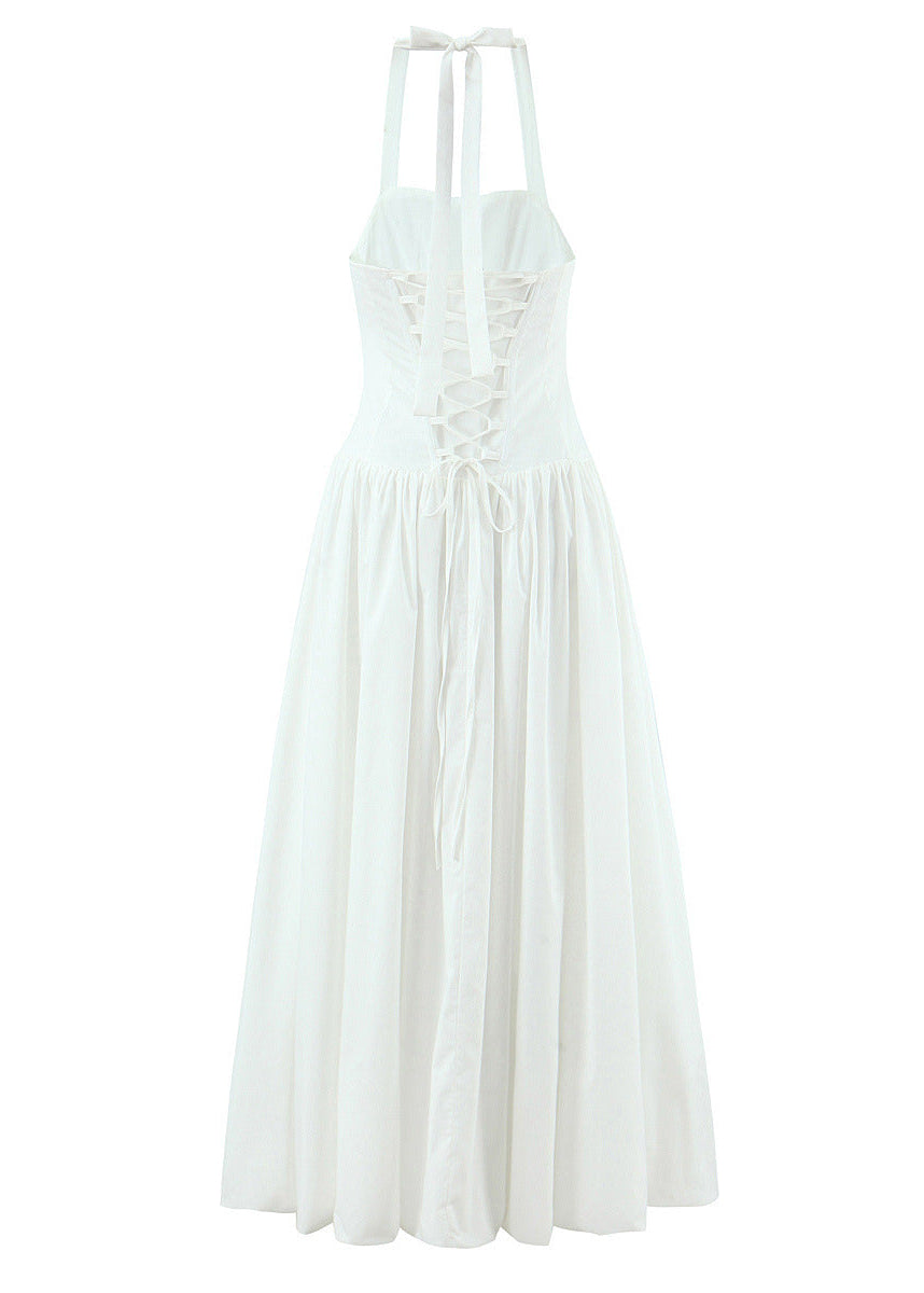 White Halter Corset Asymmetrical Ruffle High-Low Maxi with Bow Tie