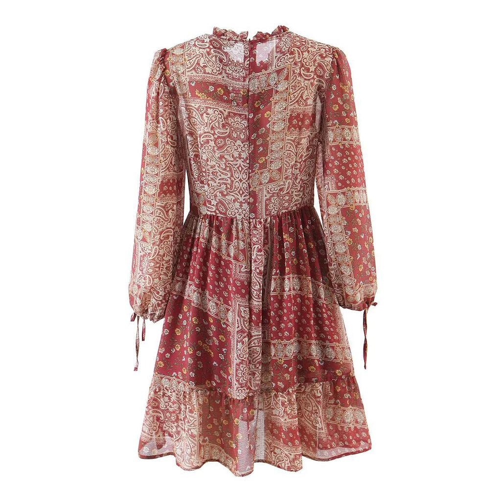 Boho Long Sleeve Shirred Ruffle Sundress in Warm Print (Available in Terracotta &