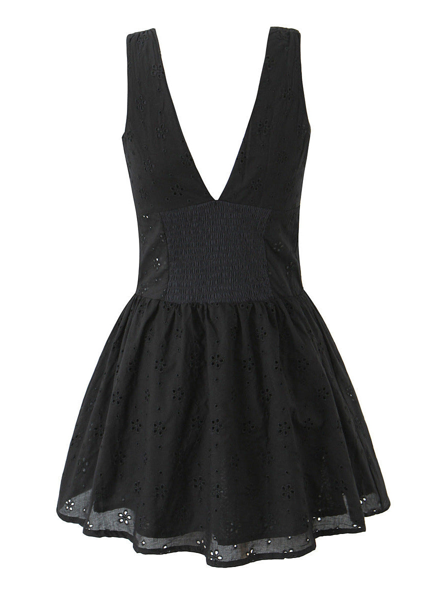 Black Broderie Anglaise Plunge Mini Dress