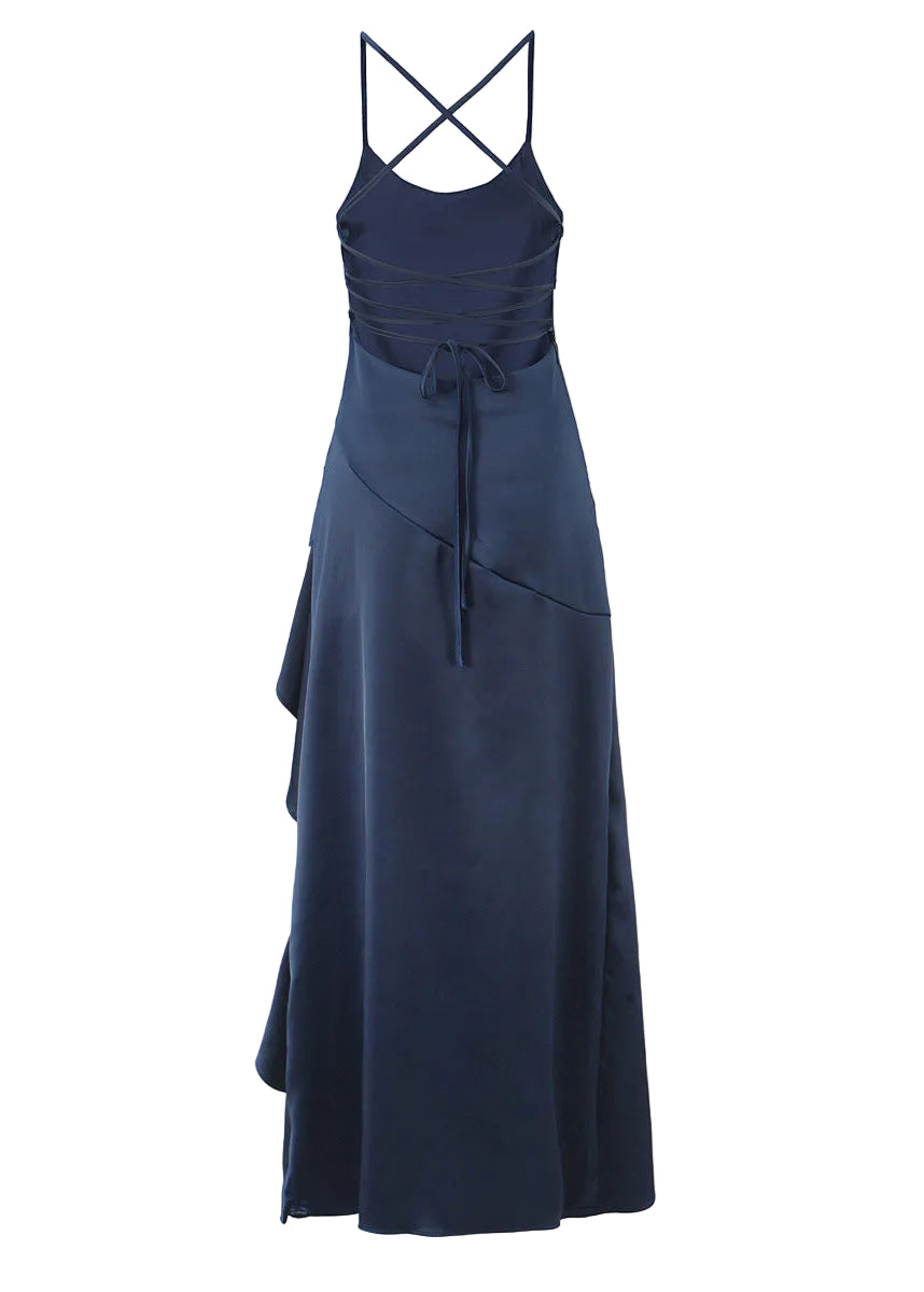 Midnight Navy Satin Asymmetric Ruffle Maxi Dress