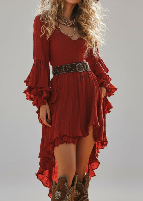 Rust Red Ruffle High-Low Dress