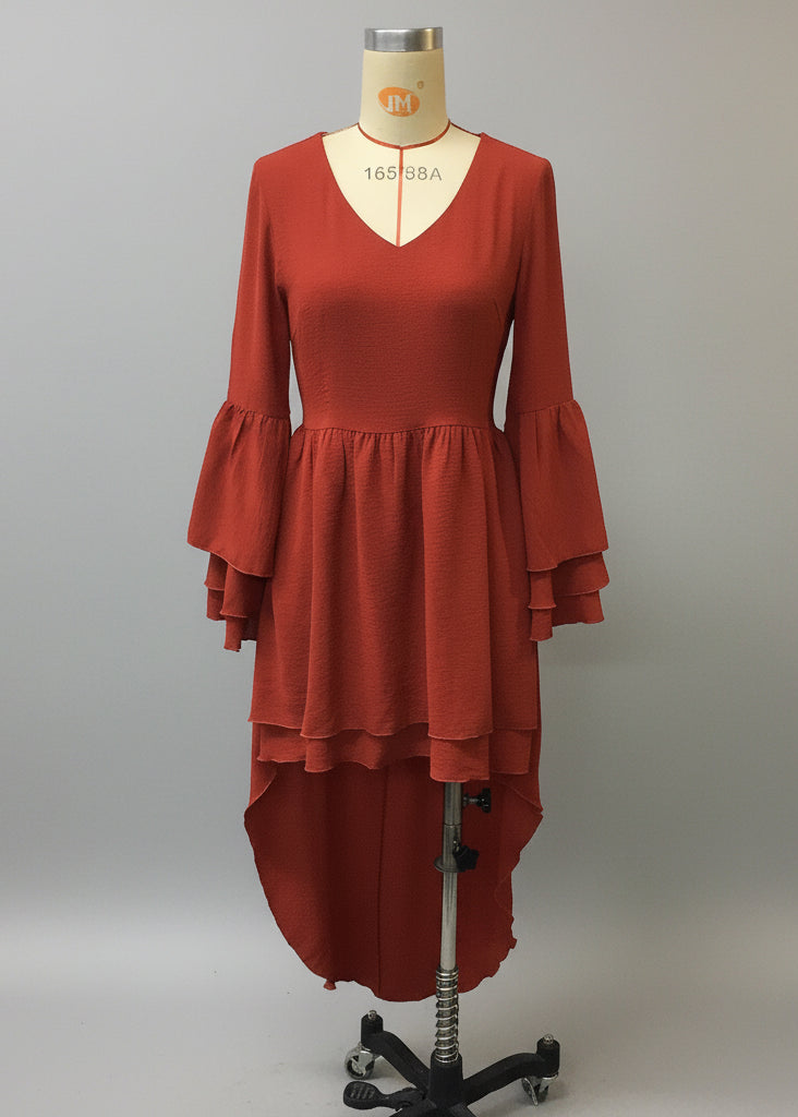 Rust Red Ruffle High-Low Dress
