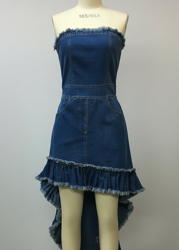 Gypsy Denim Ruffle Strapless High-Low Dress