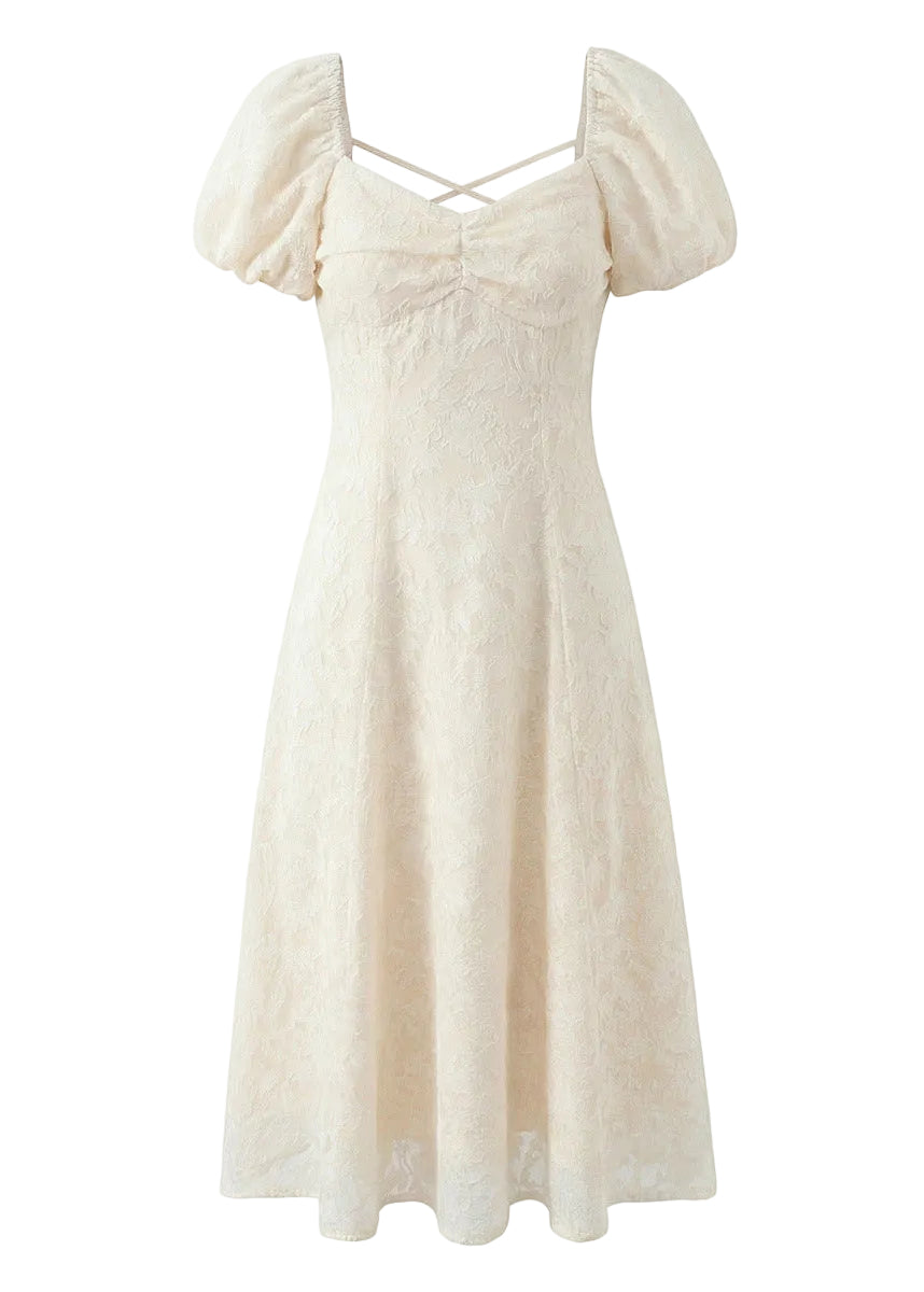 Cream Lace Puff Sleeve Midi Dress