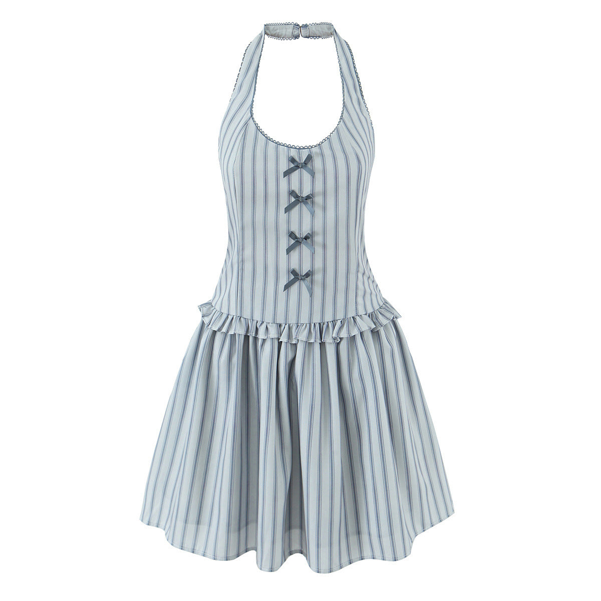 Blue Striped Lace-Up Halter Mini Dress