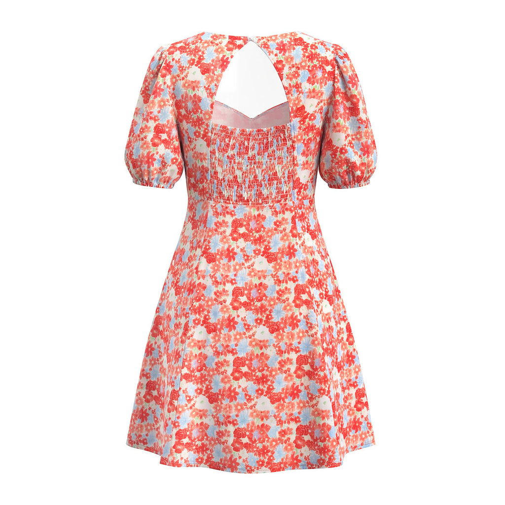 Red Ditsy Floral Puff Sleeve Mini Dress