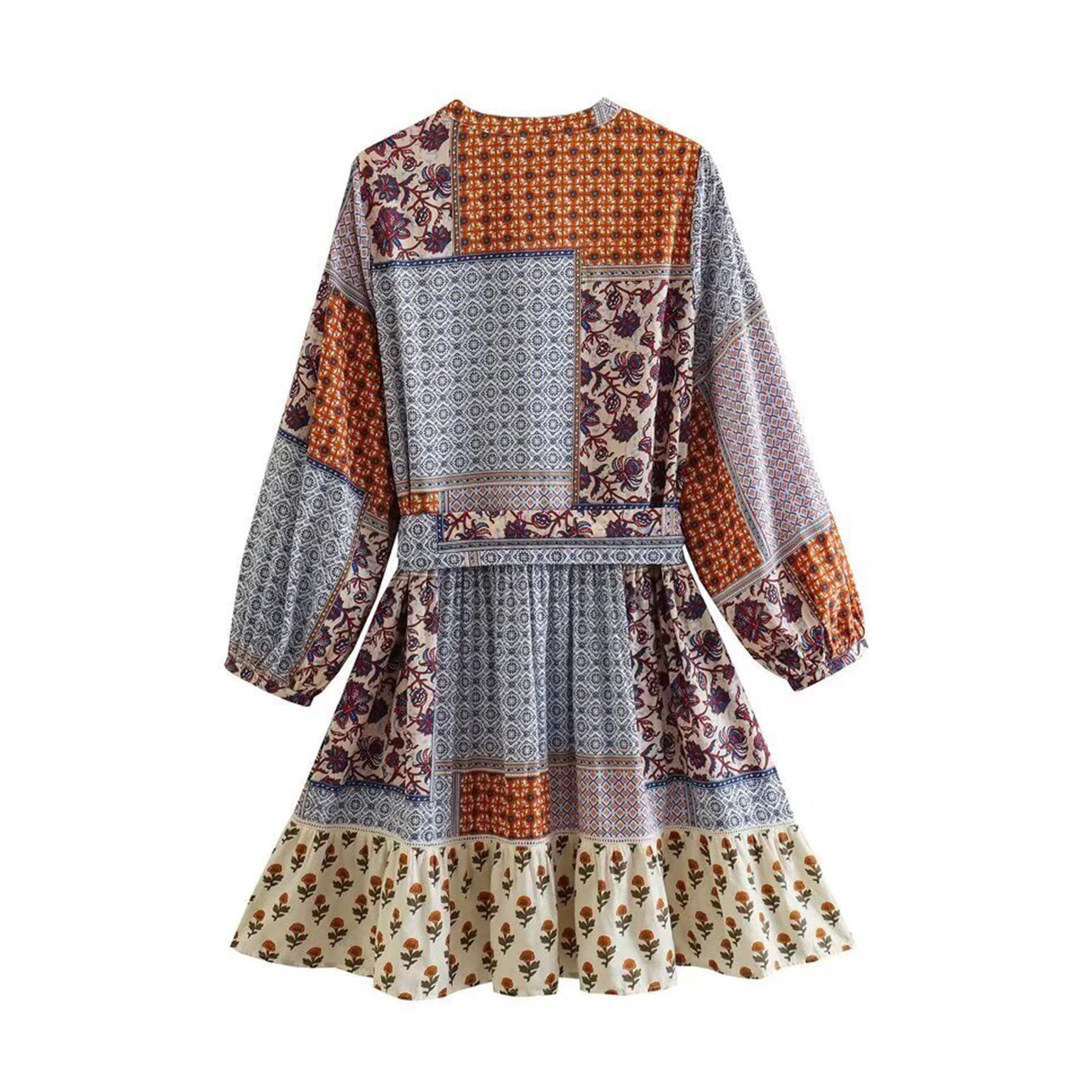 Boho Tie-Waist  Patchwork Floral Mini Dress