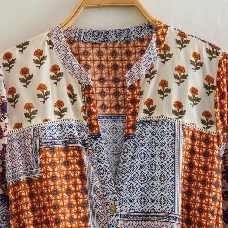 Boho Tie-Waist  Patchwork Floral Mini Dress