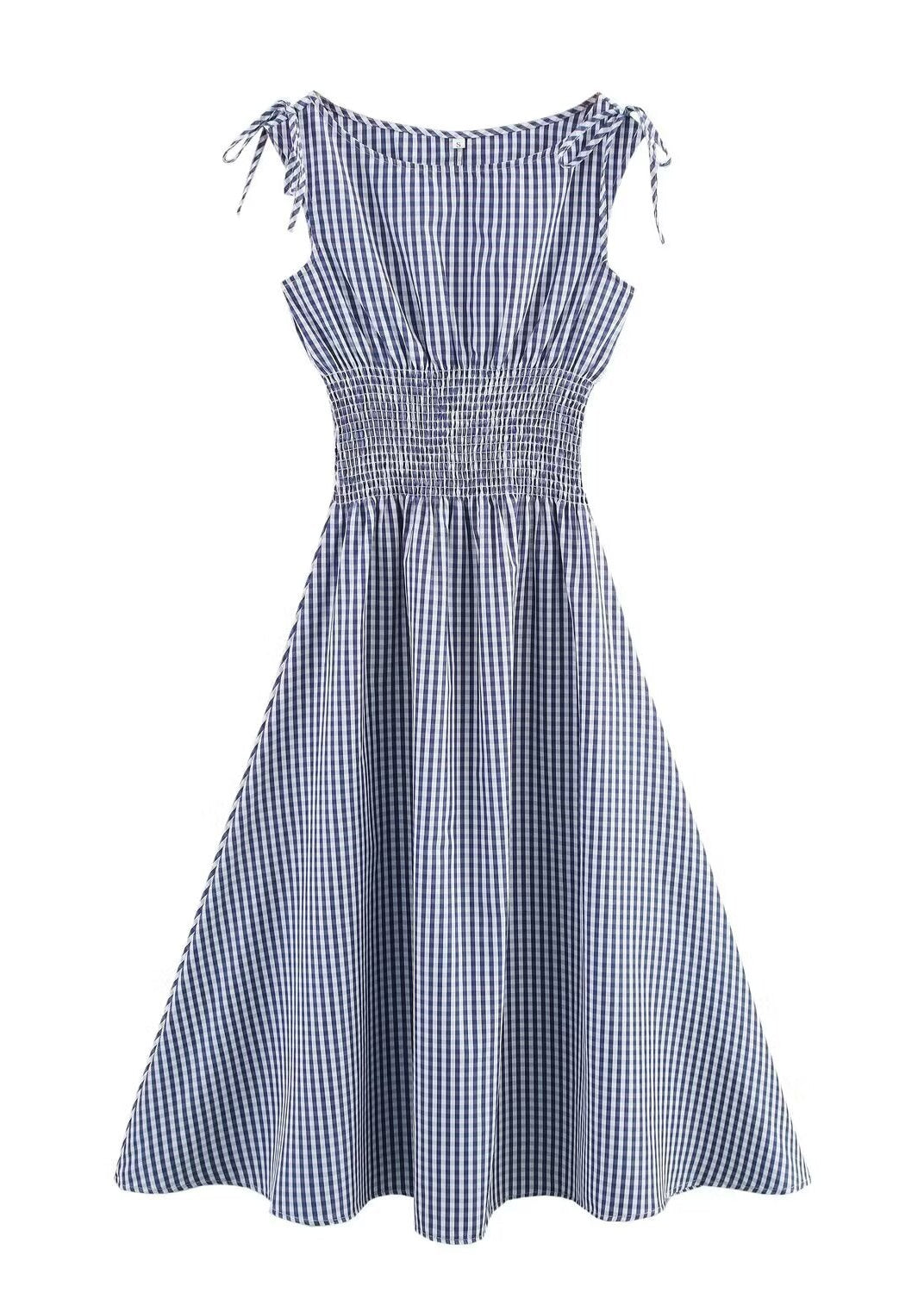 Navy Gingham Tie-Shoulder Midi Dress