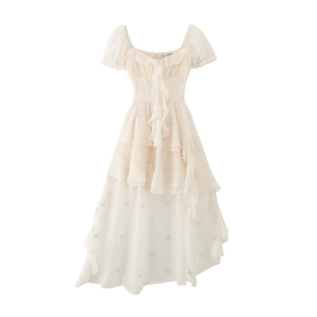 Boho Off-Shoulder Puff Sleeve Ruffle Fairy Gown in Cream