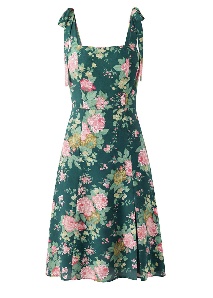 Emerald Rose Floral Tie-Strap Midi Dress