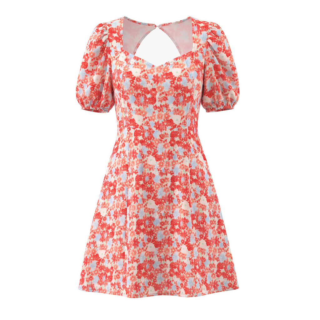 Red Ditsy Floral Puff Sleeve Mini Dress