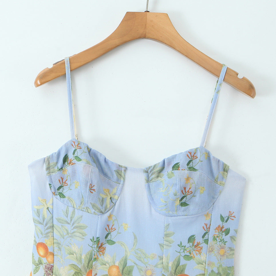 Boho Fruit Print Sundress in Blue Sky Gradient