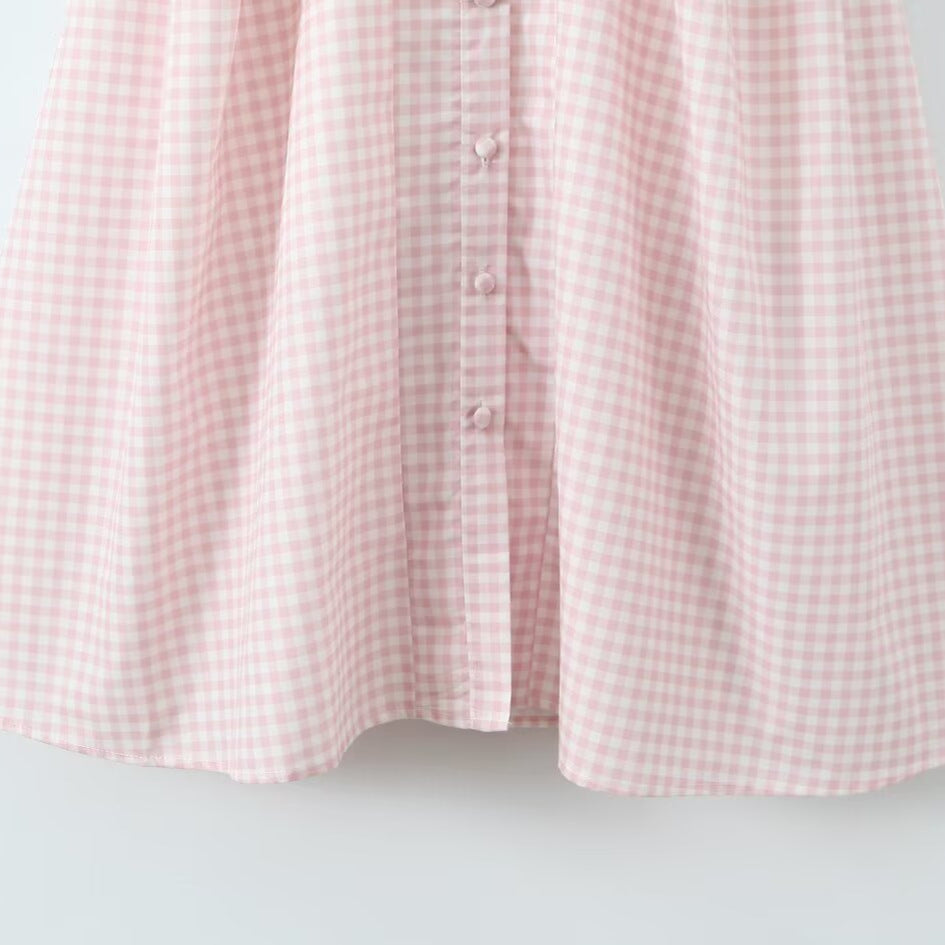 Blush Pink Gingham Corset Midi Dress | Romantic Boho Puff Sleeve Button-Front Gown