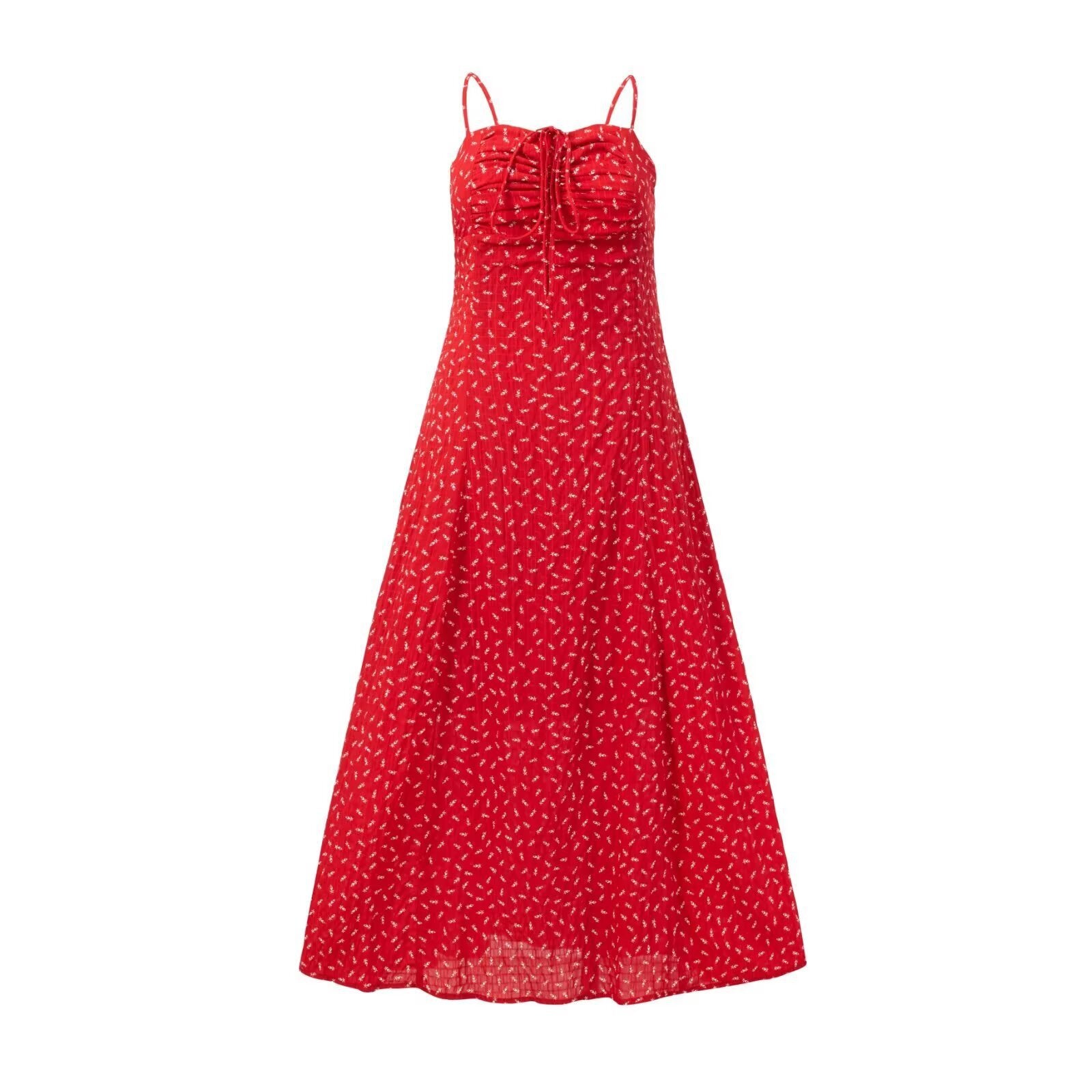 Red Ditsy Floral Smocked Midi Dress