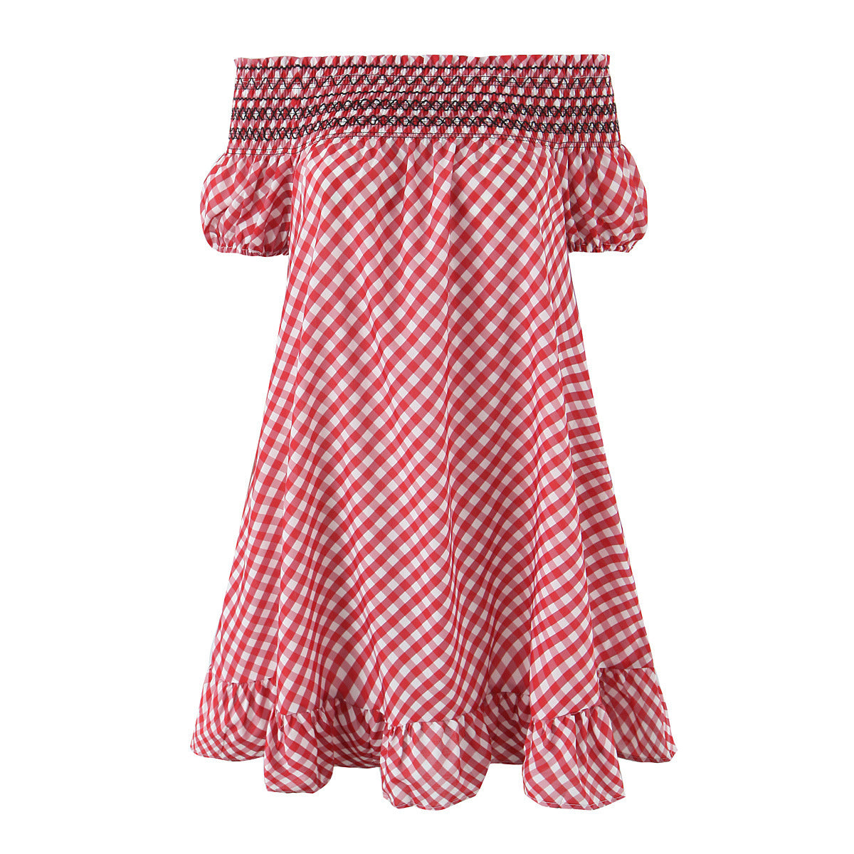 Red Gingham Off-Shoulder Ruffle Midi Dress