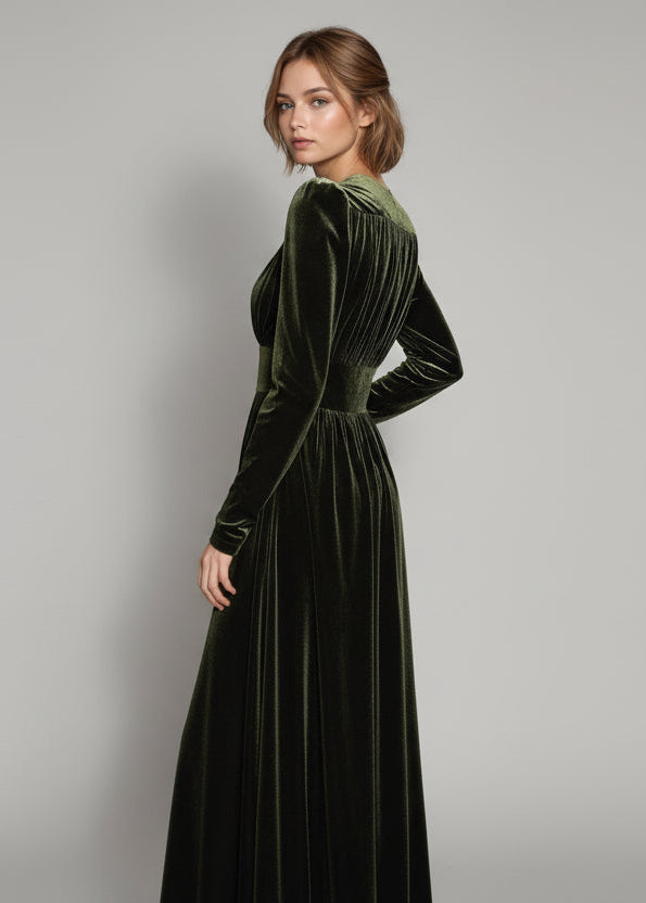 Emerald Velvet Corset Midi Dress | Romantic Boho Long Sleeve Button-Front Gown