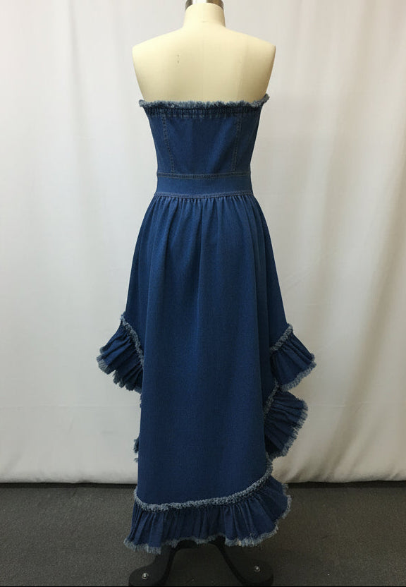 Gypsy Denim Ruffle Strapless High-Low Dress