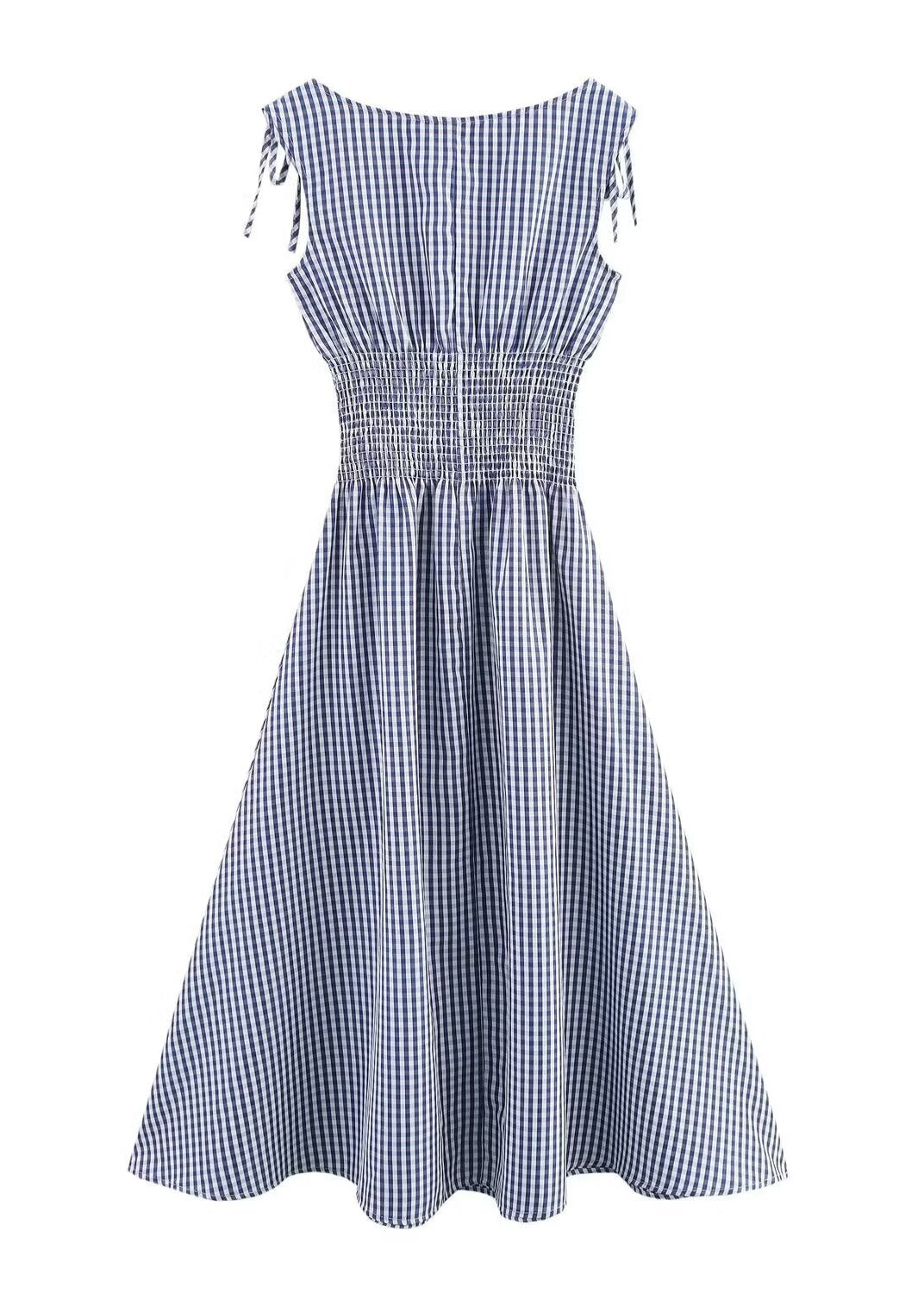 Navy Gingham Tie-Shoulder Midi Dress