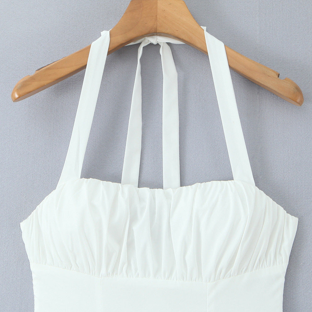 White Halter Corset Asymmetrical Ruffle High-Low Maxi with Bow Tie
