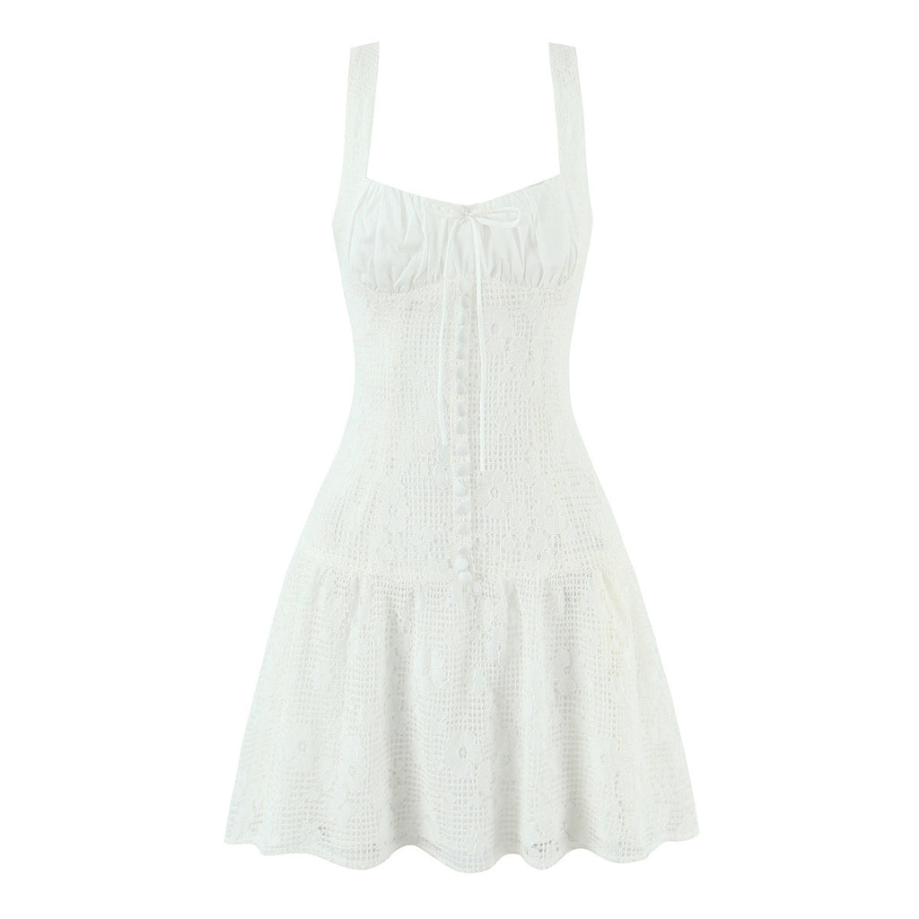 Romantic Boho Button-Front Sundress with Sweetheart Bow Lace Mini