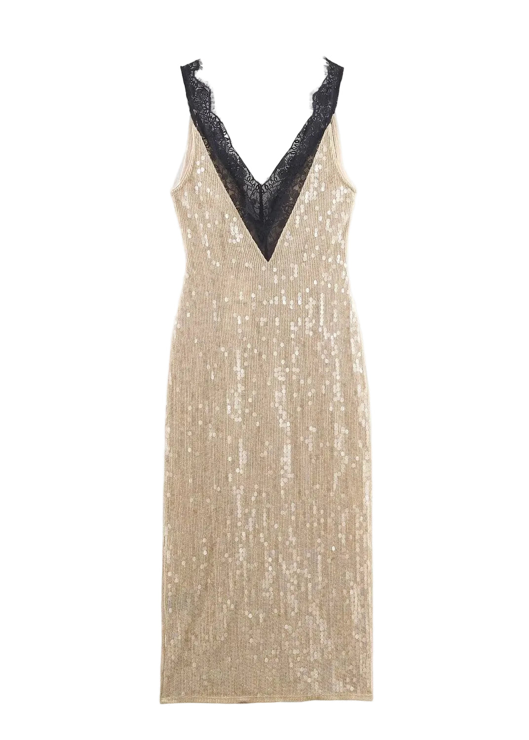 Champagne Gold Sequin Lace Trim Maxi Dress