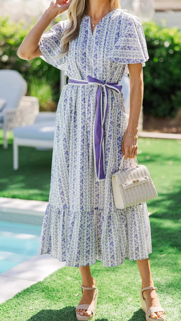 Bohemian Lilac Floral Belted Ruffle Midi Dress