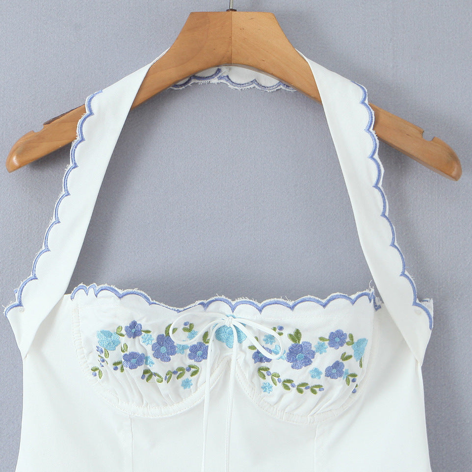 Ivory Embroidered Forget-Me-Not Halter Mini Dress