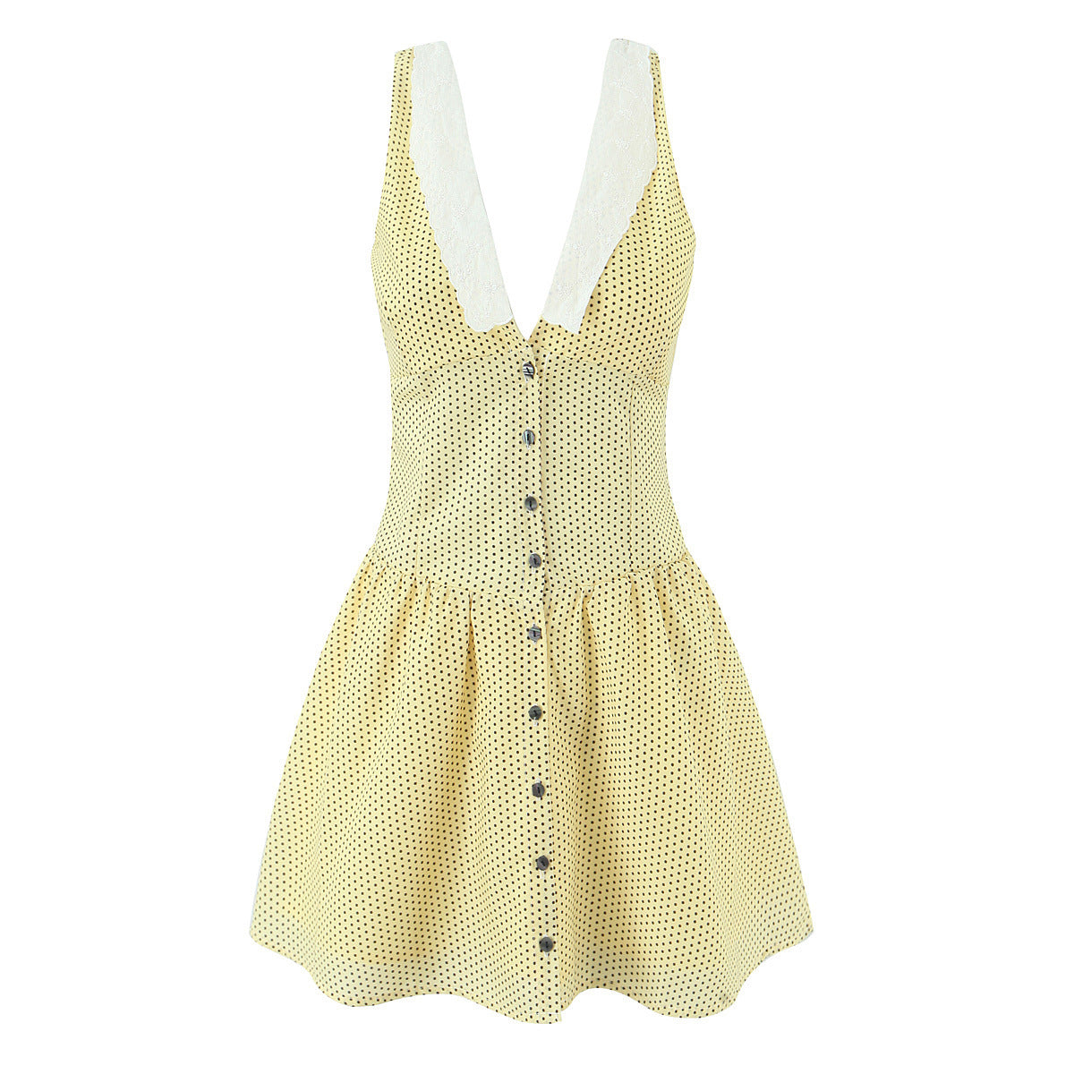 Romantic Lemon Polka Dot Lace Plunge Halter Mini Dress