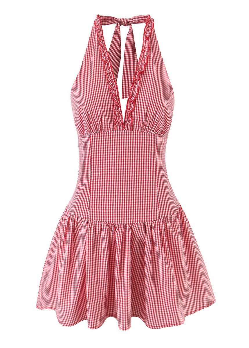 Coquette Boho Plunge Bow-Tie Sundress in Classic Picnic Check