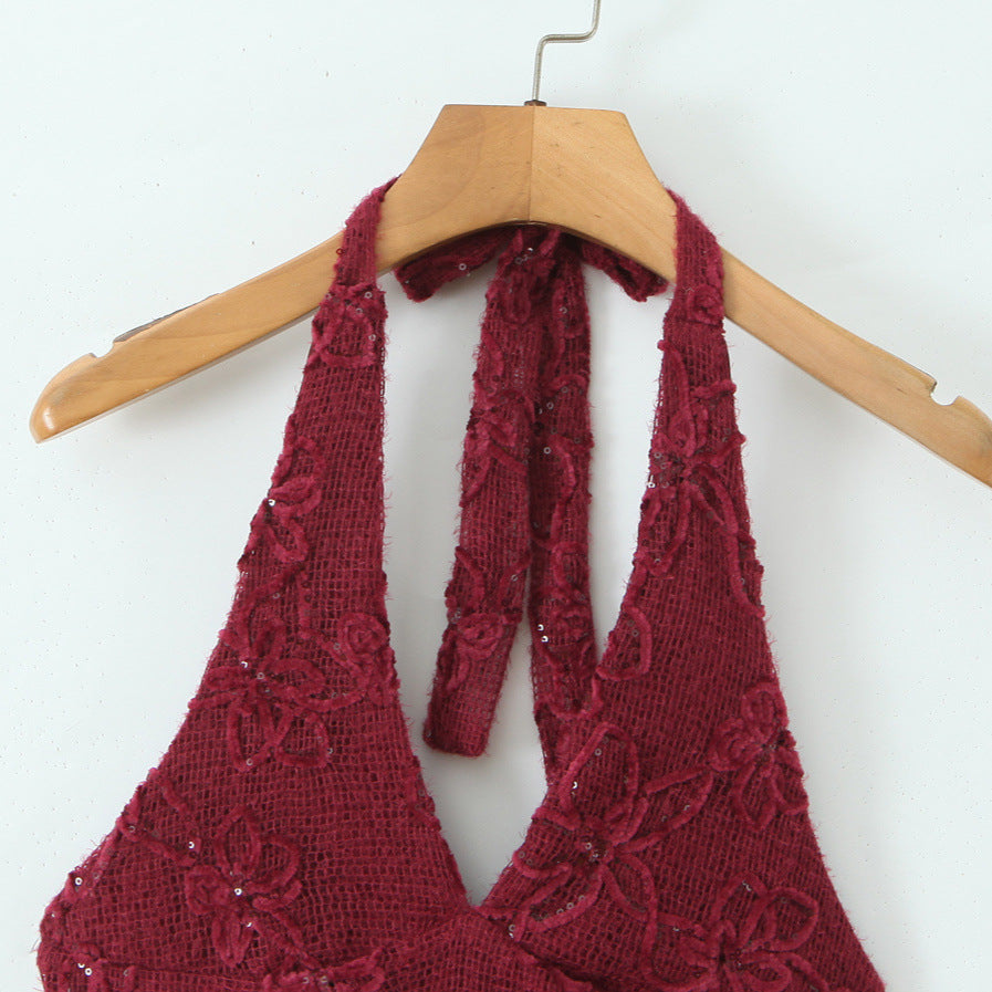 Burgundy Floral Mesh Velvet Lace Sequin Halter Mini Dress with Tie Back