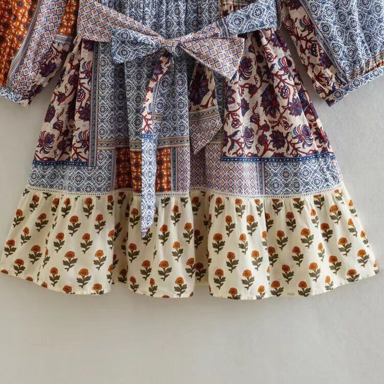 Boho Tie-Waist  Patchwork Floral Mini Dress