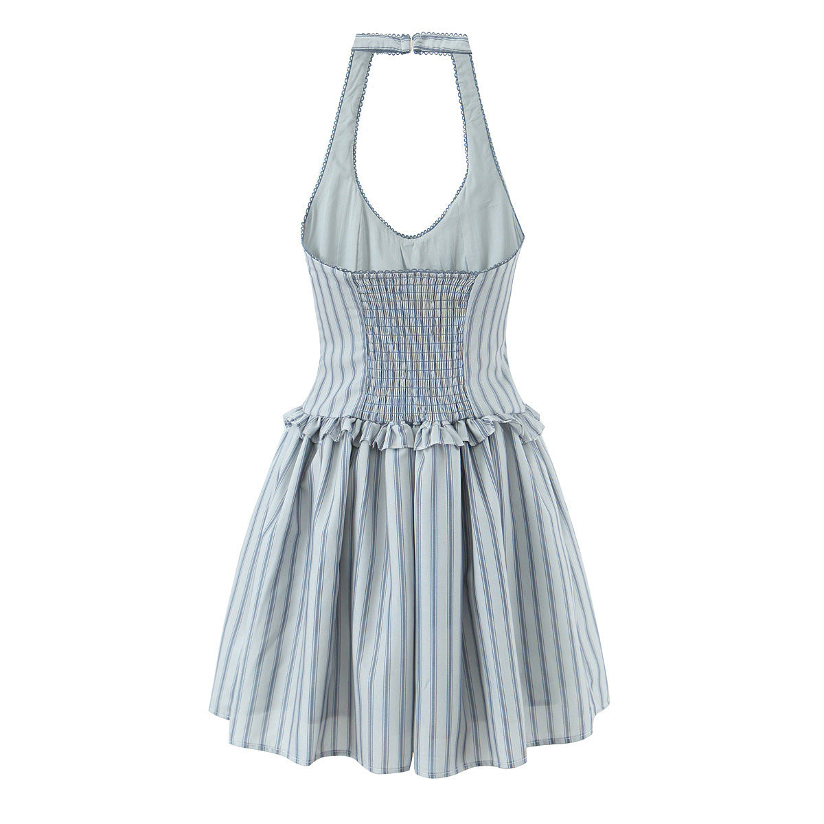 Blue Striped Lace-Up Halter Mini Dress