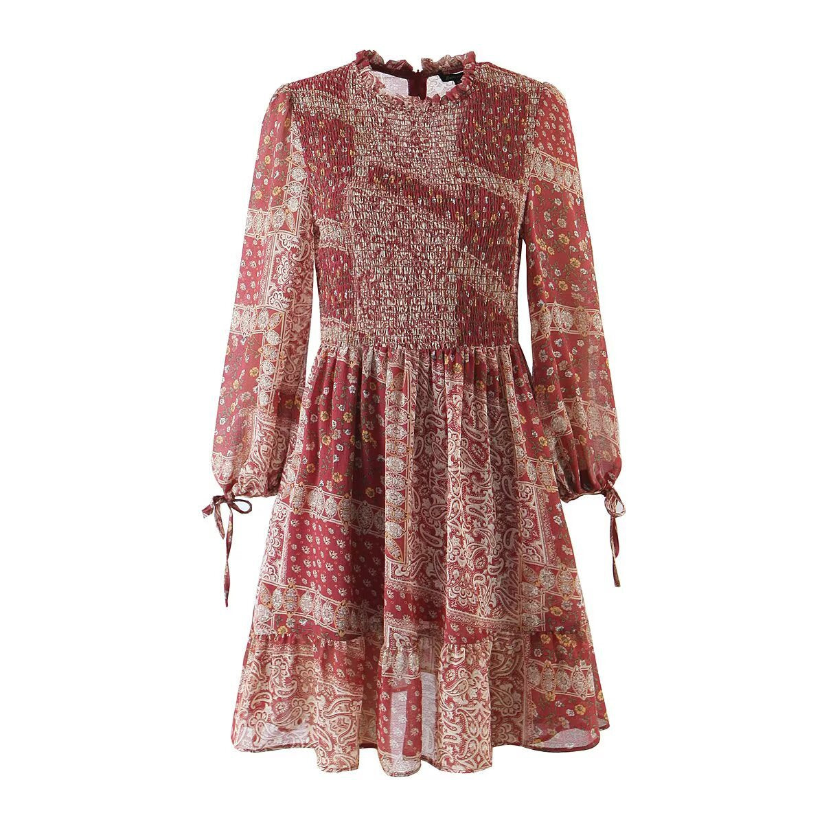Boho Long Sleeve Shirred Ruffle Sundress in Warm Print (Available in Terracotta &