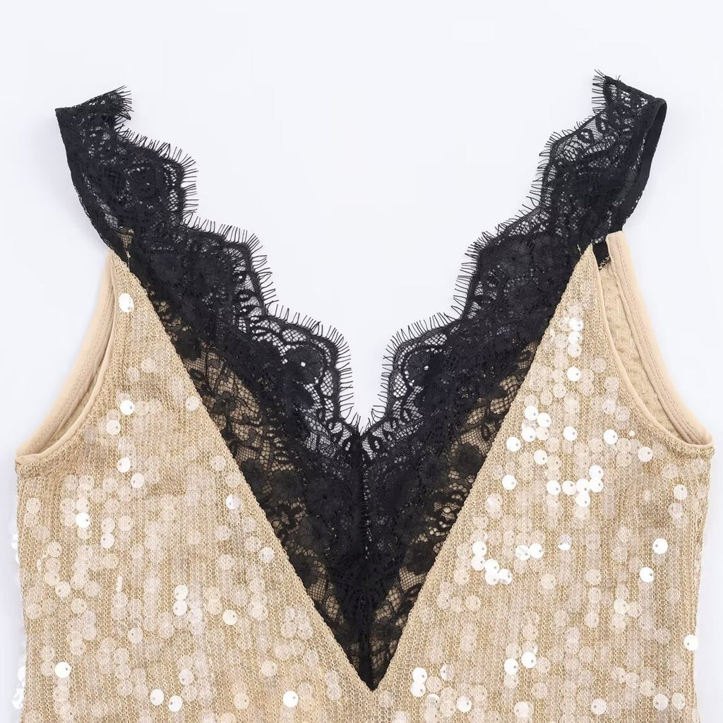Champagne Gold Sequin Lace Trim Maxi Dress