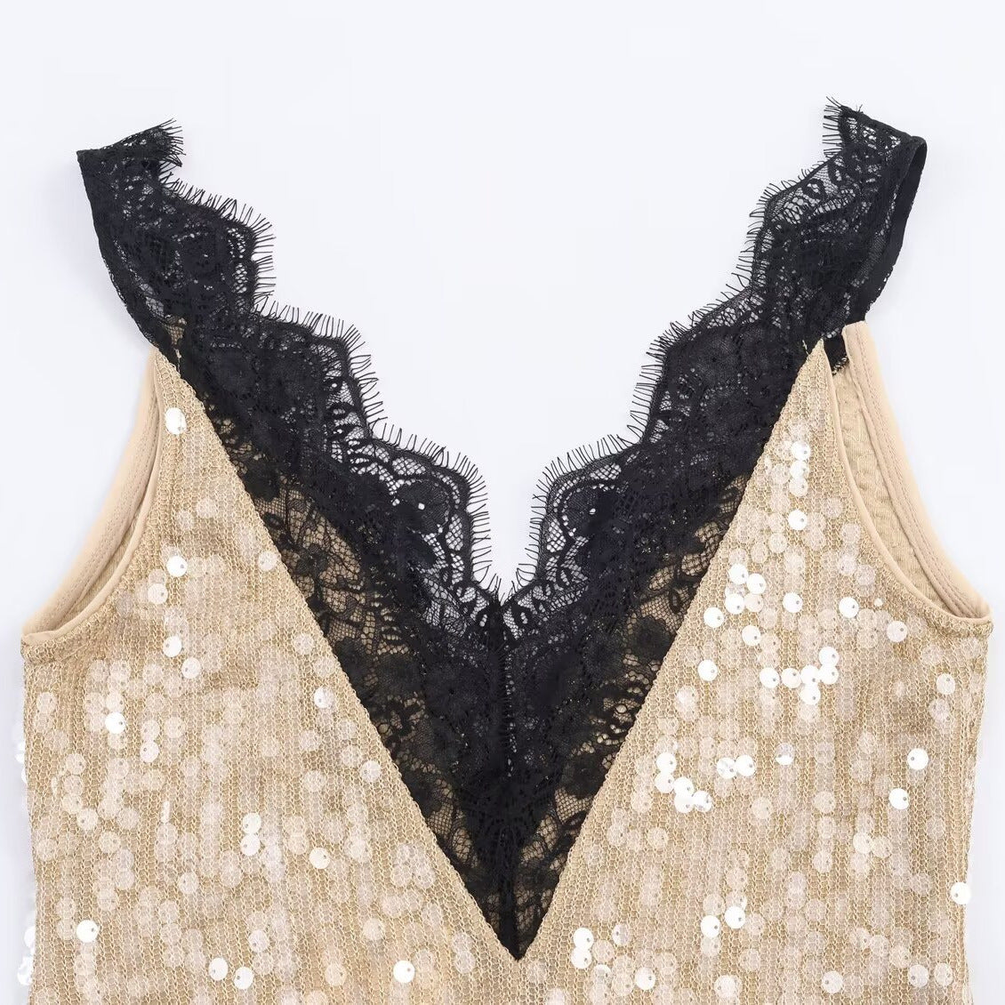 Champagne Gold Sequin Lace Trim Maxi Dress