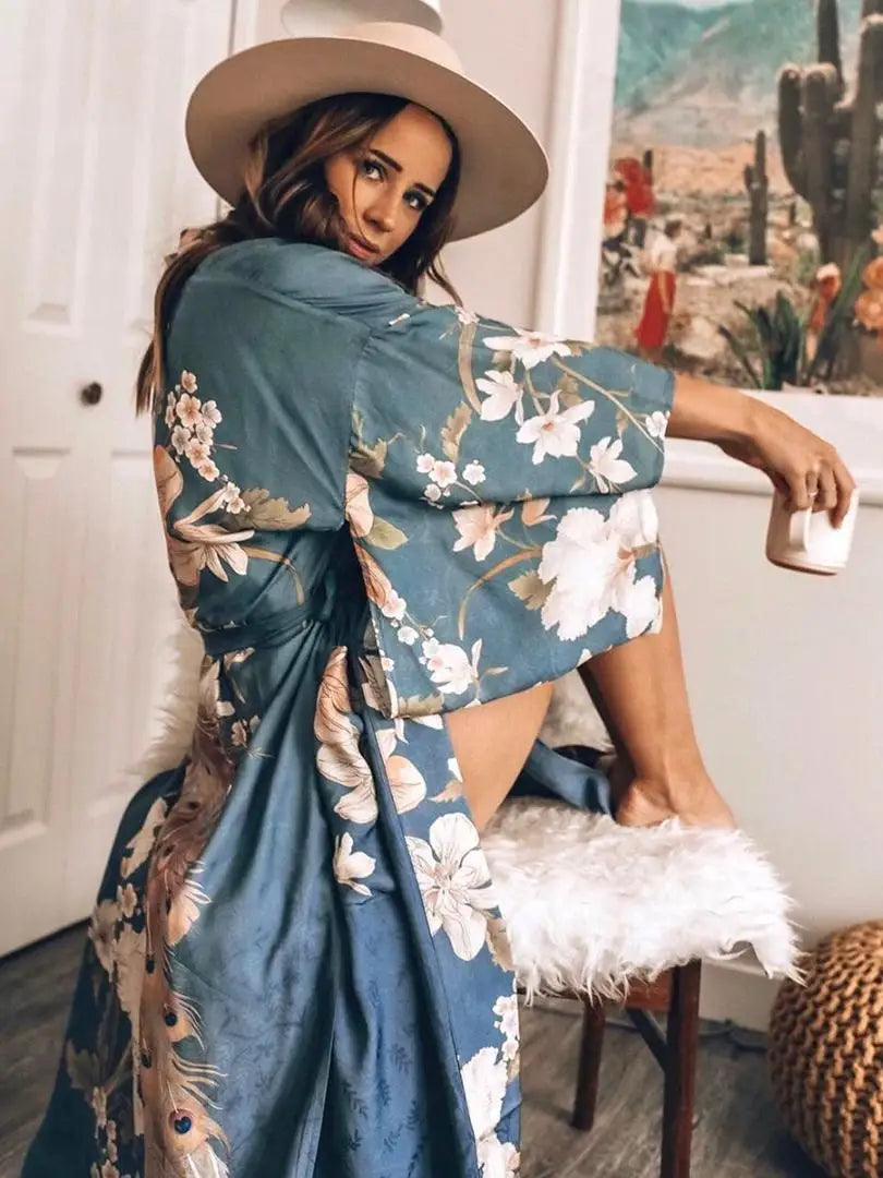 Teal Floral Maxi Kimono – Belted Boho Duster Robe Teal Floral Maxi Kimono – Belted Boho Duster Robe Kimono