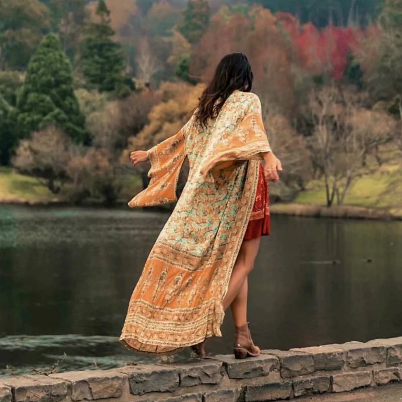 Boho Floral Maxi Kimono – Belted Duster Robe (Mustard Orange) Boho Floral Maxi Kimono – Belted Duster Robe (Mustard Orange) Kimono