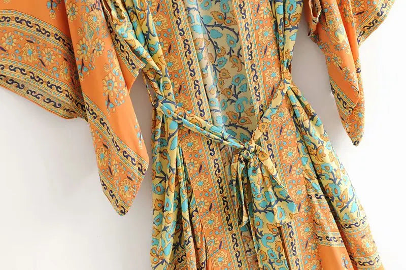 Boho Floral Maxi Kimono – Belted Duster Robe (Mustard Orange) Boho Floral Maxi Kimono – Belted Duster Robe (Mustard Orange) Kimono