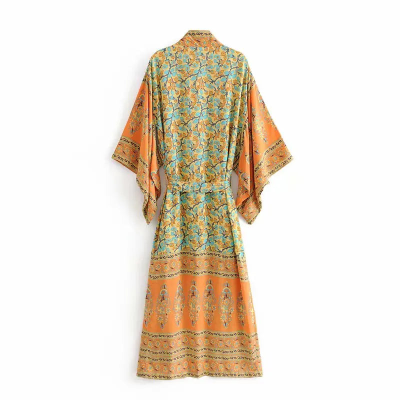 Boho Floral Maxi Kimono – Belted Duster Robe (Mustard Orange) Boho Floral Maxi Kimono – Belted Duster Robe (Mustard Orange) Kimono