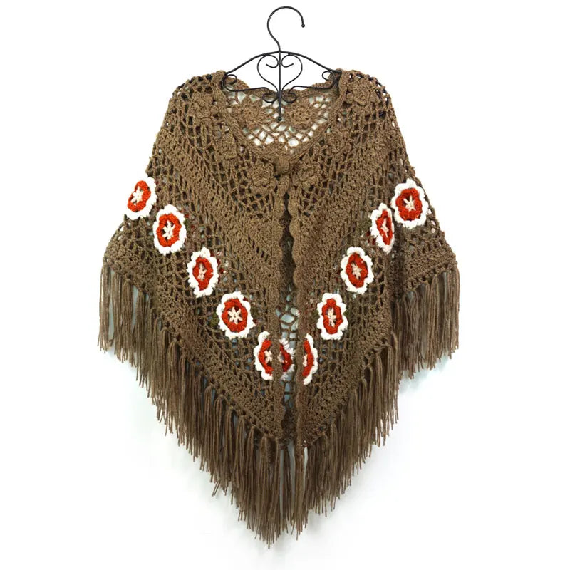 Floral Tie-Front Crochet Poncho – Fringed Boho Wrap (Blush / Brown / Cream / Olive / Black) Brown – earthy garden One Size Floral Tie-Front Crochet Poncho – Fringed Boho Wrap (Blush / Brown / Cream / Olive / Black) Poncho