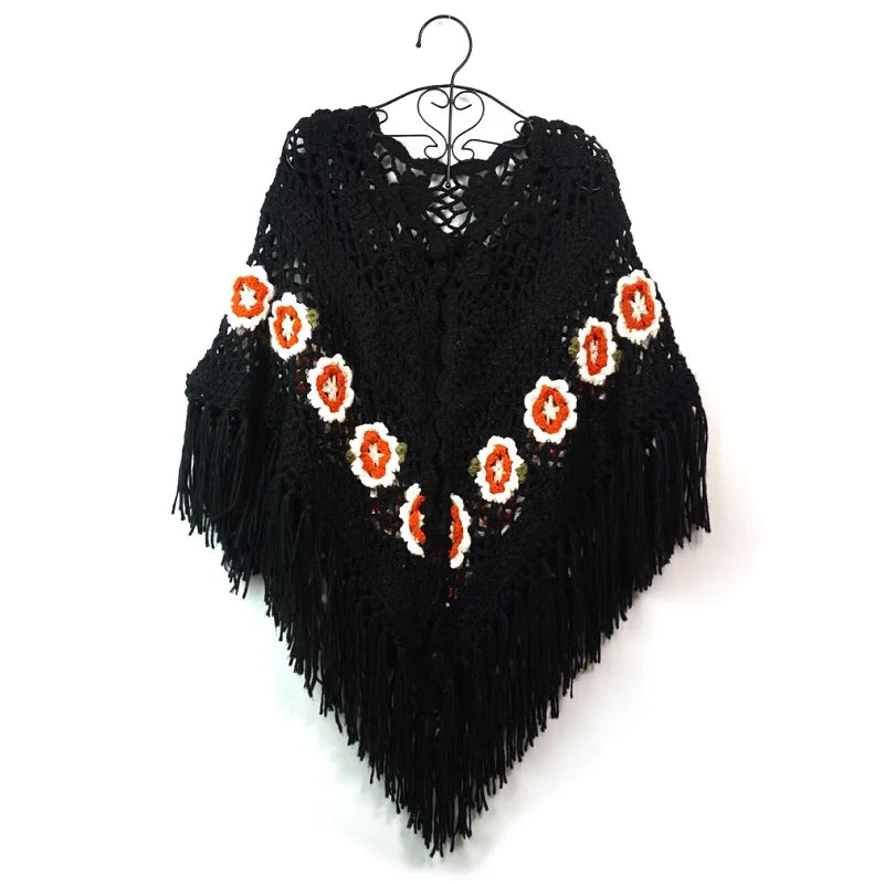 Floral Tie-Front Crochet Poncho – Fringed Boho Wrap (Blush / Brown / Cream / Olive / Black) Black – midnight mystic One Size Floral Tie-Front Crochet Poncho – Fringed Boho Wrap (Blush / Brown / Cream / Olive / Black) Poncho