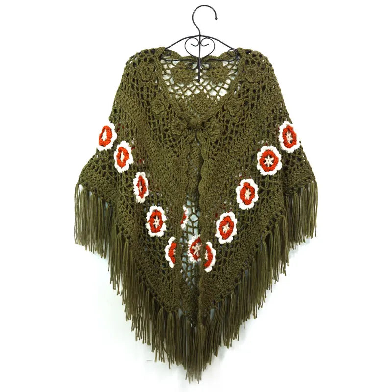 Floral Tie-Front Crochet Poncho – Fringed Boho Wrap (Blush / Brown / Cream / Olive / Black) Olive – forest whisper One Size Floral Tie-Front Crochet Poncho – Fringed Boho Wrap (Blush / Brown / Cream / Olive / Black) Poncho