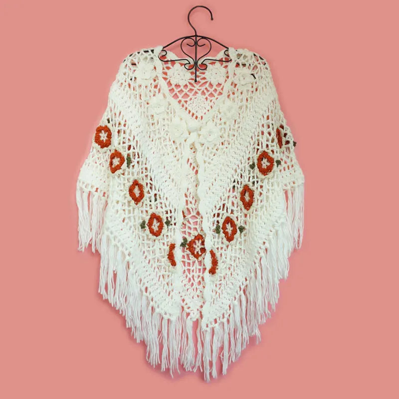 Floral Tie-Front Crochet Poncho – Fringed Boho Wrap (Blush / Brown / Cream / Olive / Black) Cream – vintage petal One Size Floral Tie-Front Crochet Poncho – Fringed Boho Wrap (Blush / Brown / Cream / Olive / Black) Poncho
