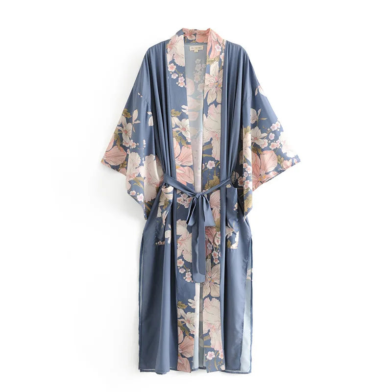 Teal Floral Maxi Kimono – Belted Boho Duster Robe Teal Floral Maxi Kimono – Belted Boho Duster Robe Kimono